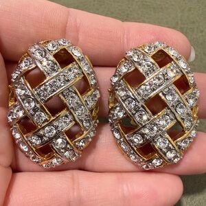 Vintage Gold Tone Rhinestone Lattice Weave Chunky Clip On Earrings